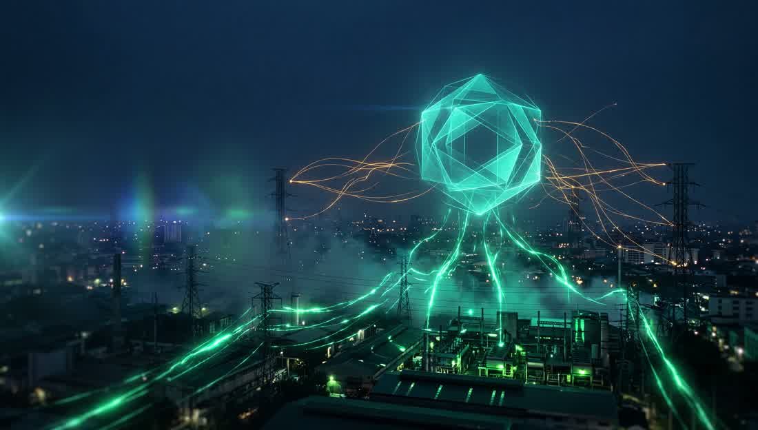 Aerial view of a Philippine industrial district at dusk, with energy flowing along the transmission lines into a suspended geometric core.
